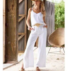 Boston Proper White Coastal Cottage Core Boho Resort Wide Leg Linen Pants 10